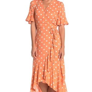 Ruffled faux wrap high/low midi dress